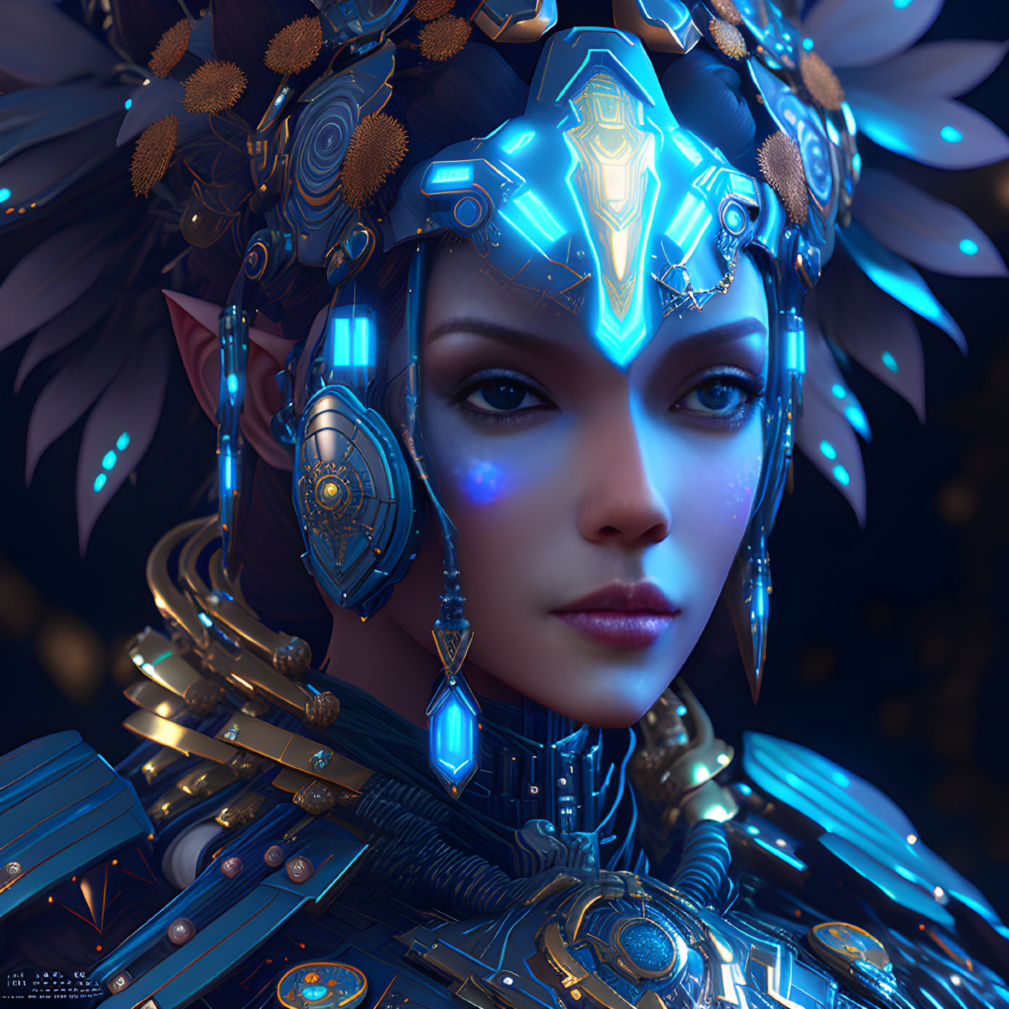 Futuristic digital art portrait of a woman in blue armor & ornate headdress