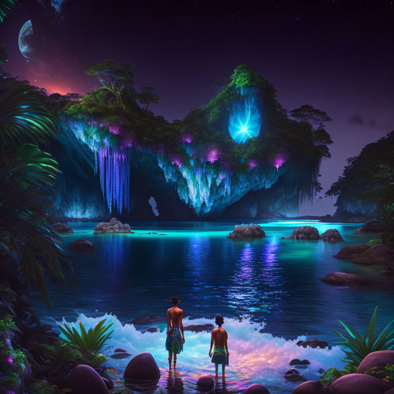 Night scene: Two people by water, luminous cave, waterfalls, starry sky.