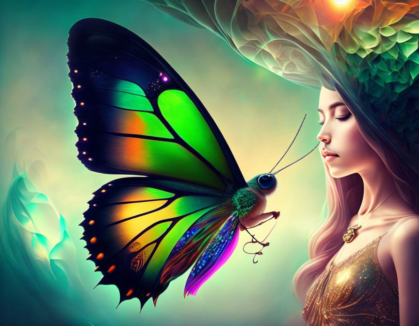 Colorful digital artwork of a serene woman with a butterfly