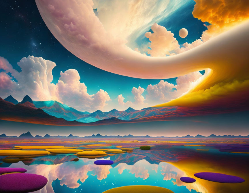 Vivid surreal landscape with oversized moon and floating islands