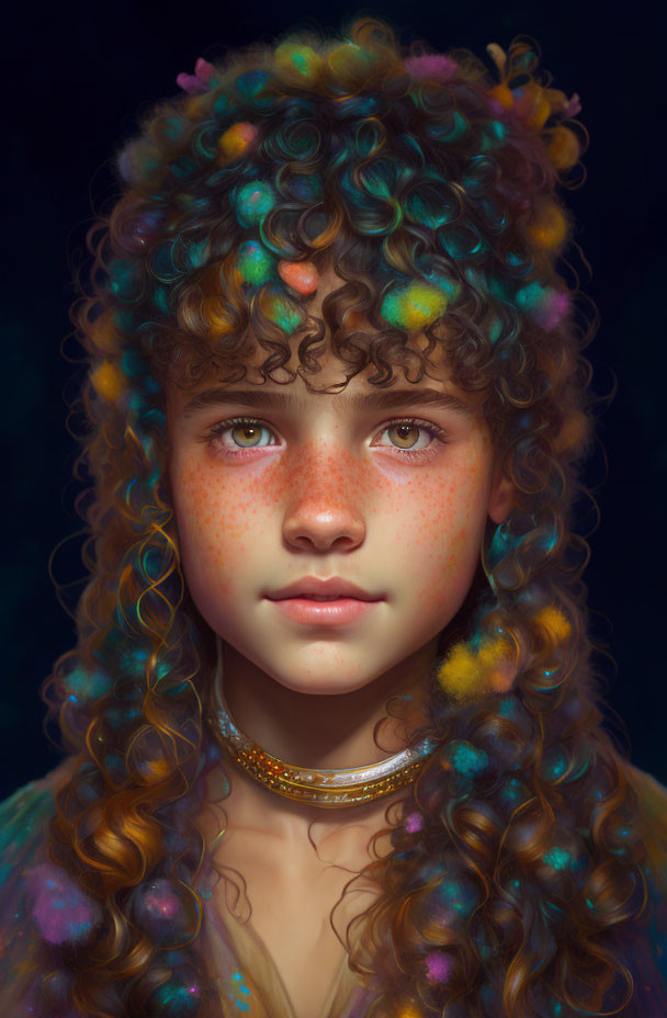 Curly-haired girl with colorful highlights, freckles, and intense eyes on dark backdrop