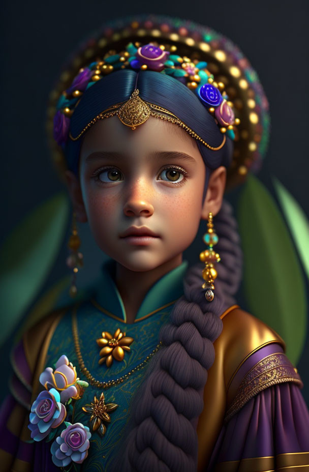 Child in ornate jewelry and traditional attire against dark backdrop