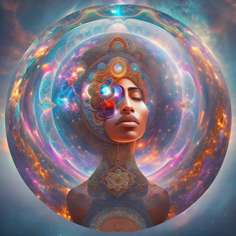 Cosmic sphere digital artwork of a woman's serene face