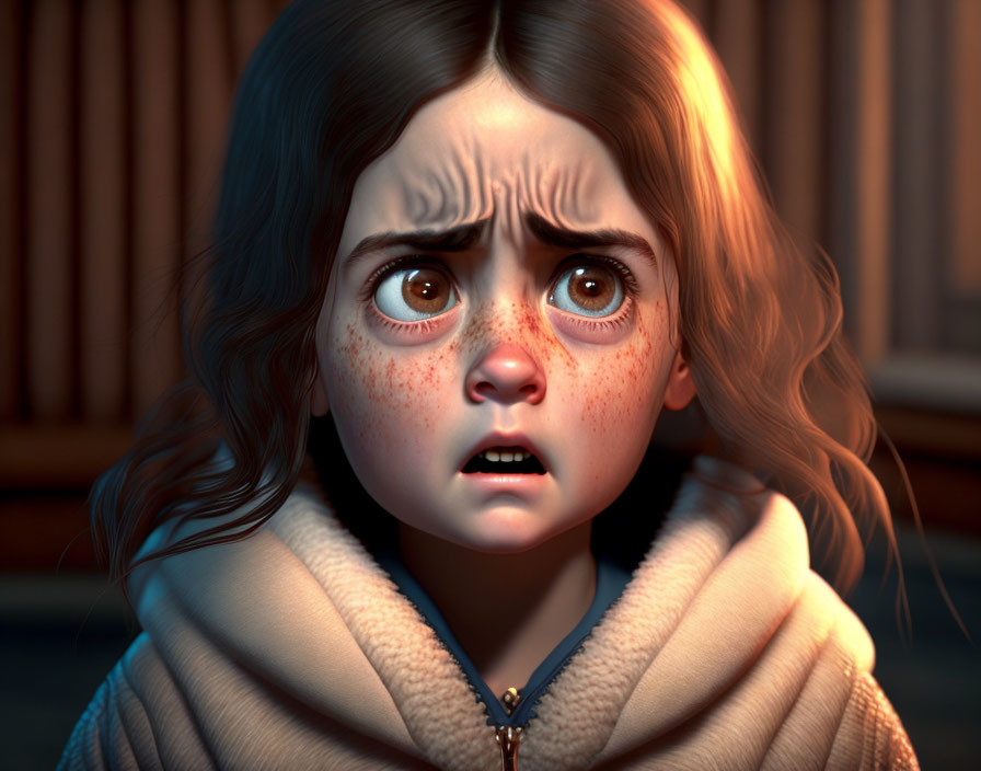 3D animated girl with wide, frightened eyes and freckles in fluffy collar