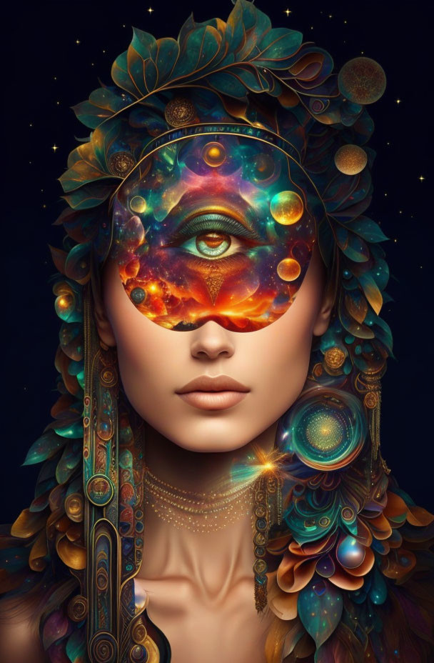 Woman with cosmic features and galaxy eyes in golden headdress against starry backdrop.