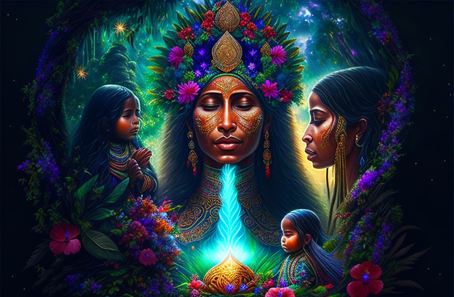 Colorful illustration of central figure with ornate headdress and flowers, surrounded by glowing lights and smaller