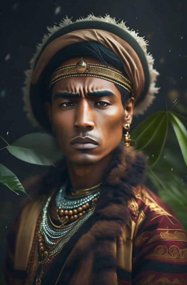 Regal man in turban and jewelry against leafy backdrop