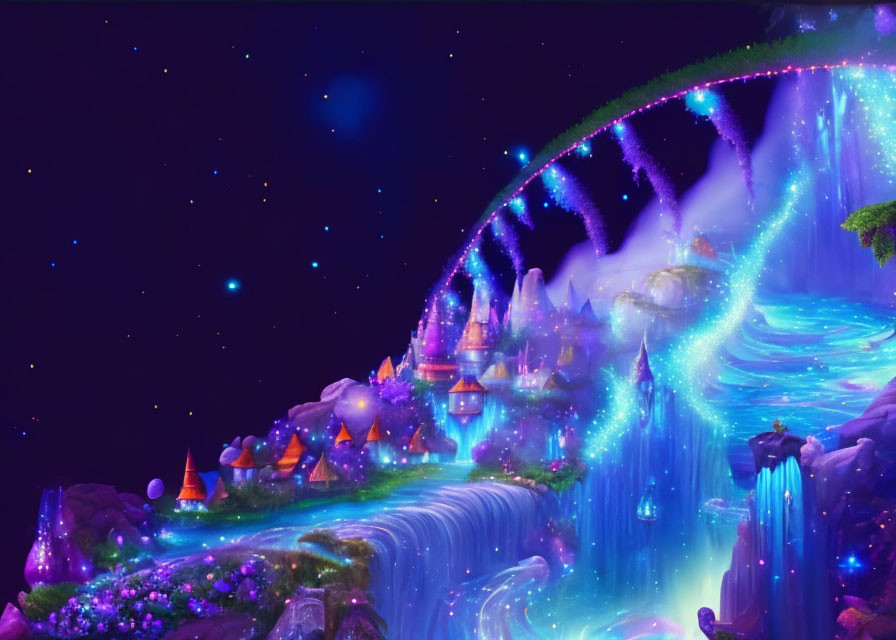 Glowing waterfall in fantasy landscape with colorful structures