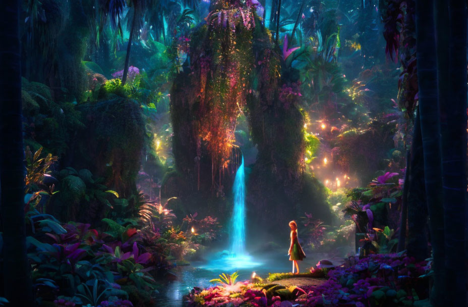 Lush vegetation and glowing flowers in enchanted forest scene