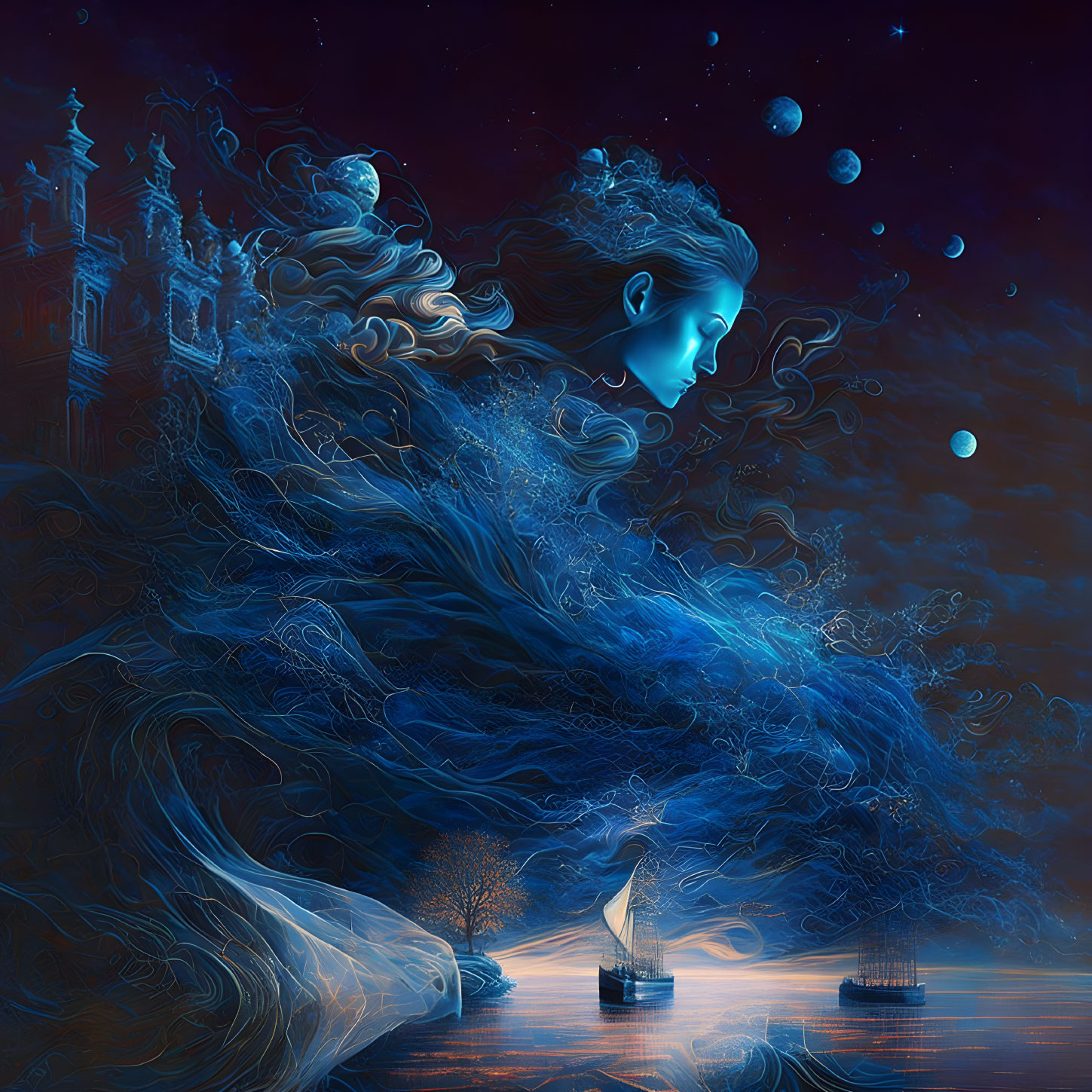 Surreal portrait merging woman with starry nightscape and oceanic elements