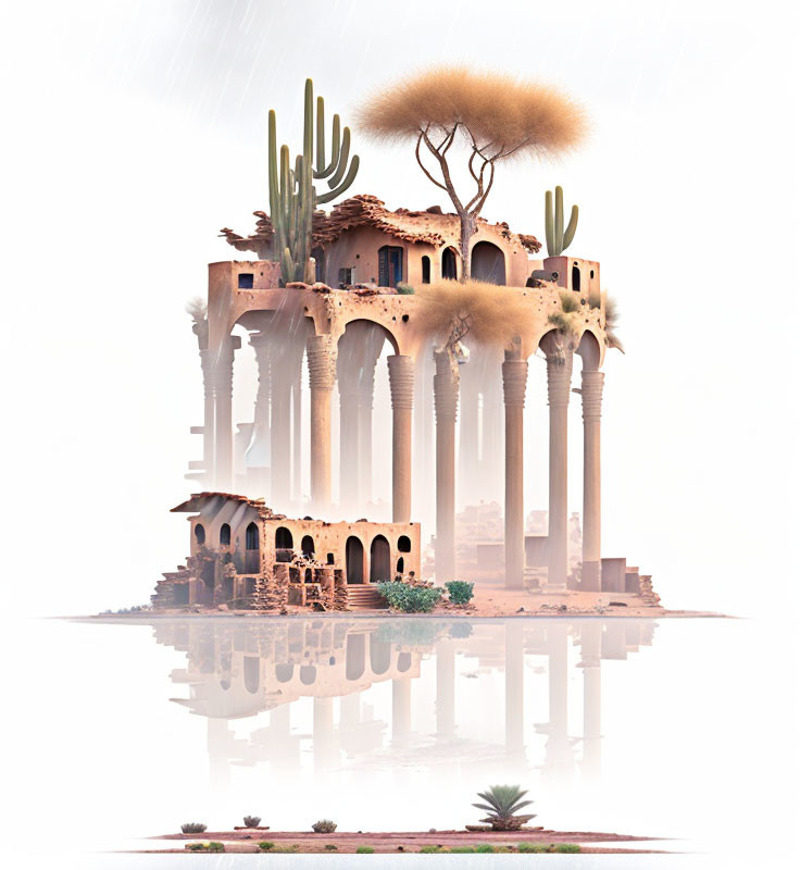 Surreal architecture blending with nature: towering structure with columns and arches, cacti,