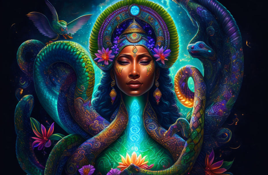 Mystical artwork: Woman with serpentine features in glowing, vibrant setting