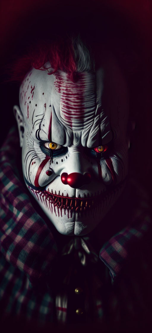 Menacing clown face with sinister smile and yellow eyes