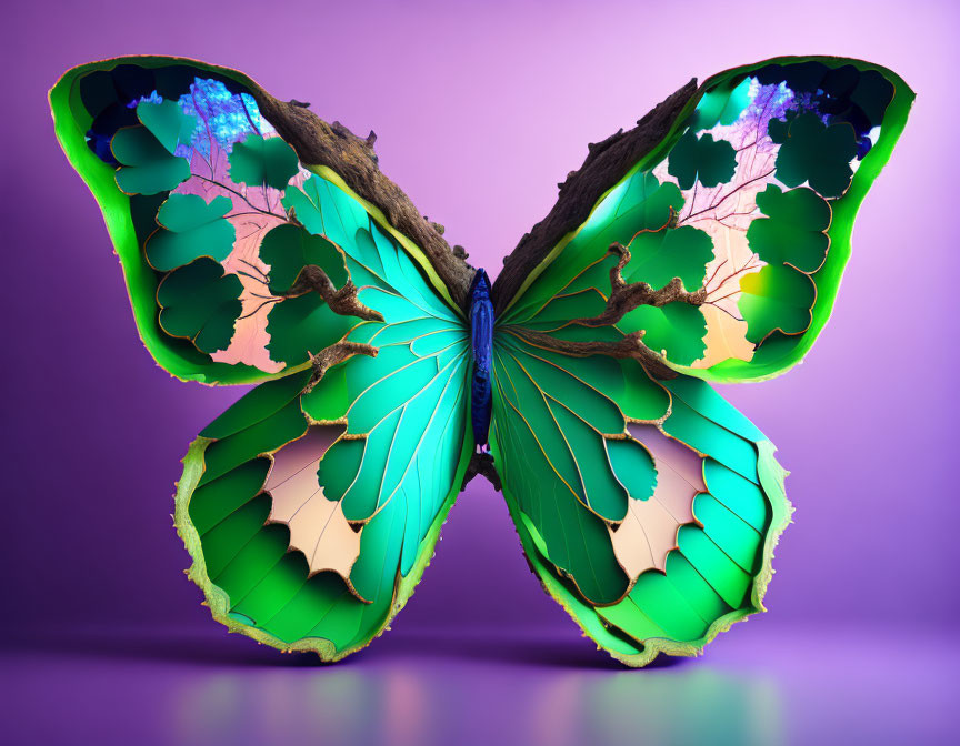 Colorful butterfly digital art with forest wings on purple background