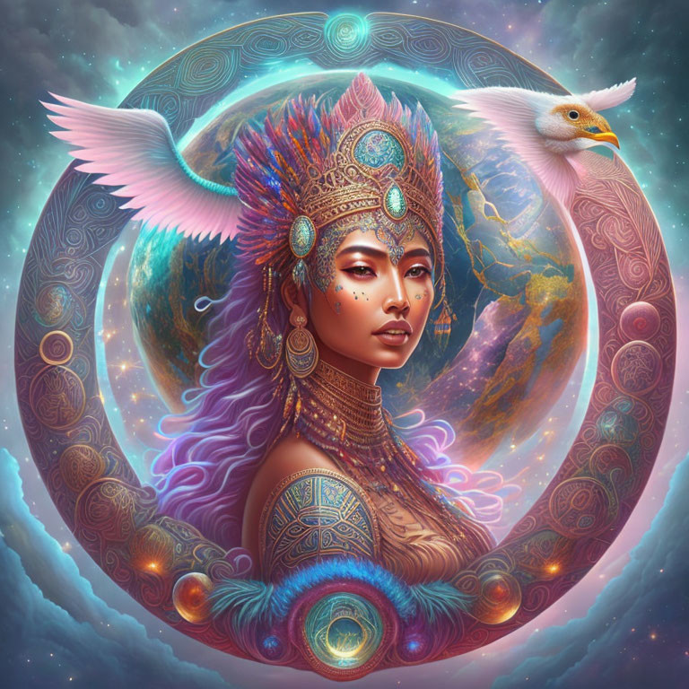 Elaborate headdress and tattoos on mystical female figure surrounded by celestial symbols and white bird in cosmic