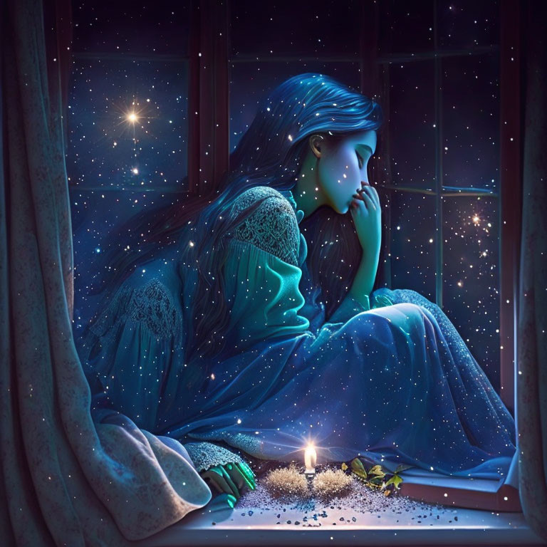 Girl with Starry Hair Sitting by Window at Night with Candle and Twinkling Stars