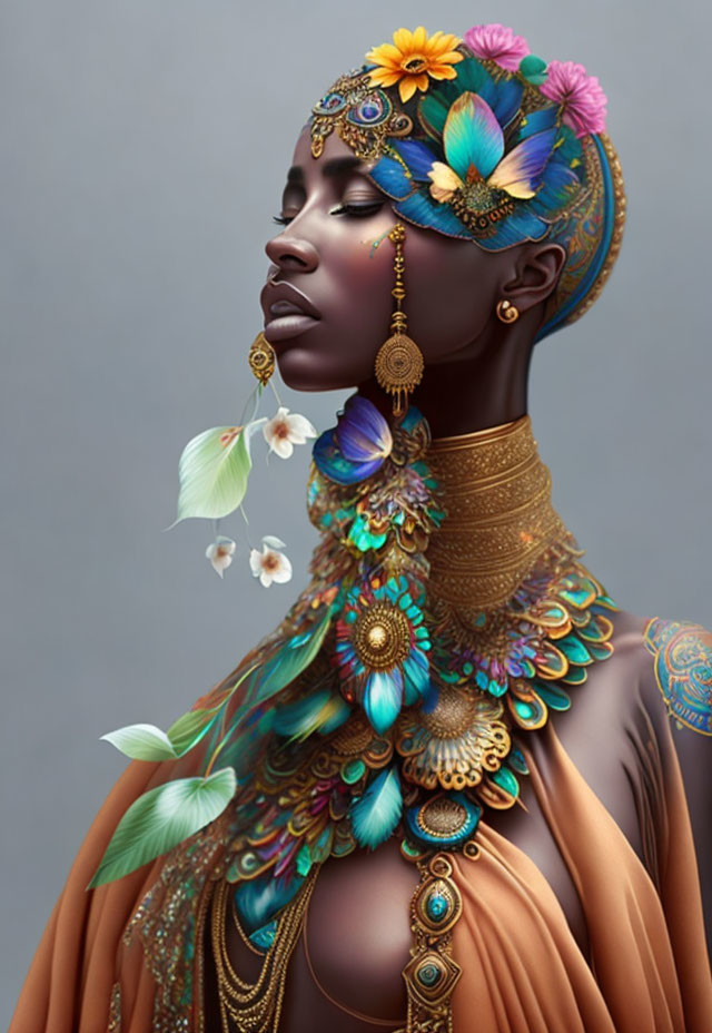 Woman in colorful floral and peacock feather accessories and gold jewelry.