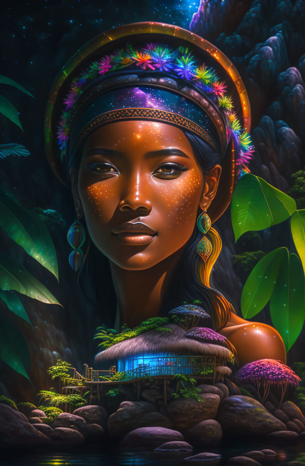 Digital portrait of woman with floral headband and luminescent makeup in mystical jungle setting