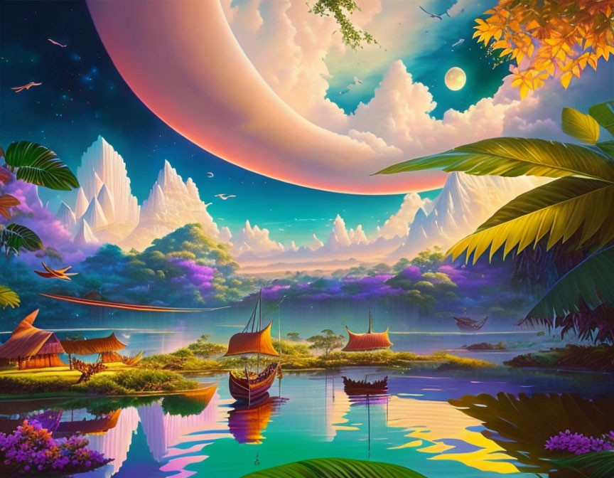 Colorful fantasy landscape with crescent moon, crystal mountains, and serene water.