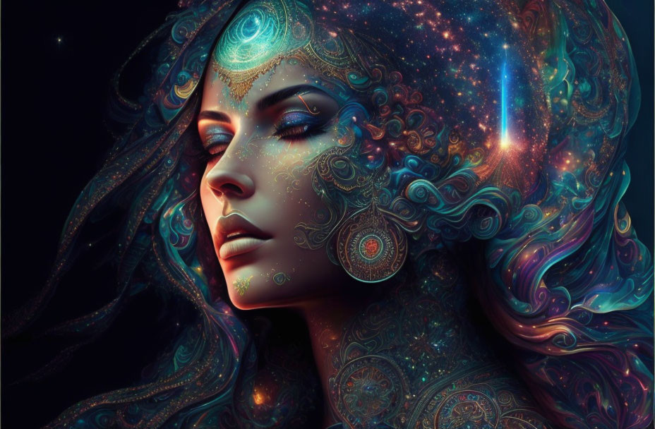 Digital artwork: Woman with cosmic patterns merging into starry background