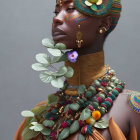 Woman in colorful floral and peacock feather accessories and gold jewelry.