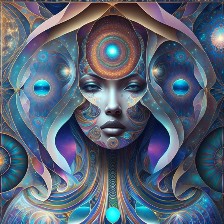 Colorful digital artwork: Woman's face with fractal patterns and cosmic motifs