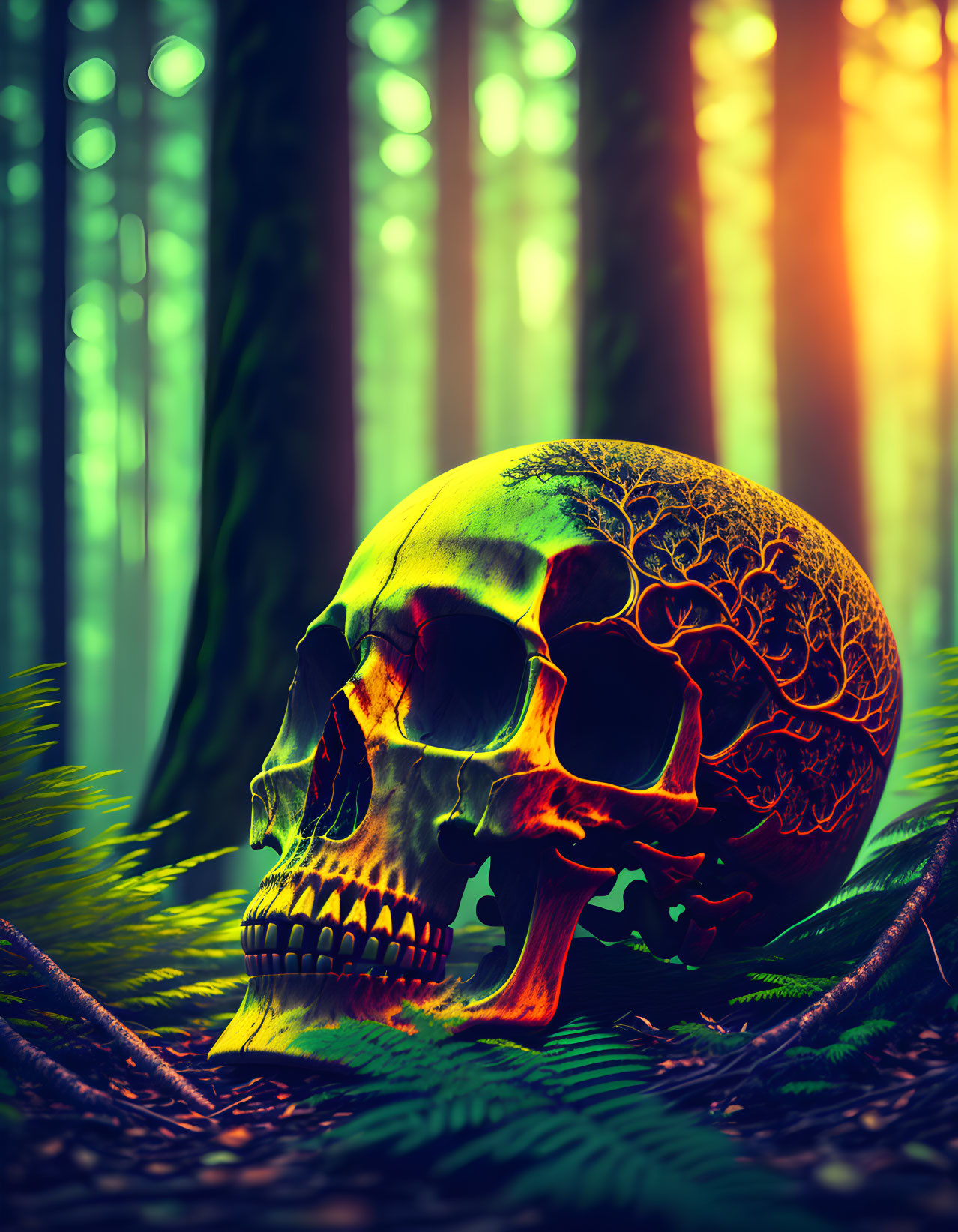 Skull with neon tree design in moody forest setting