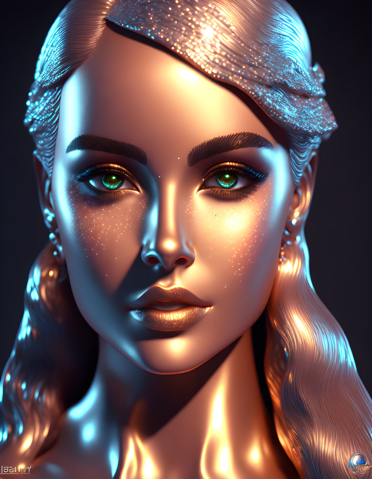 3D-rendered portrait of female figure with green eyes and shimmering skin