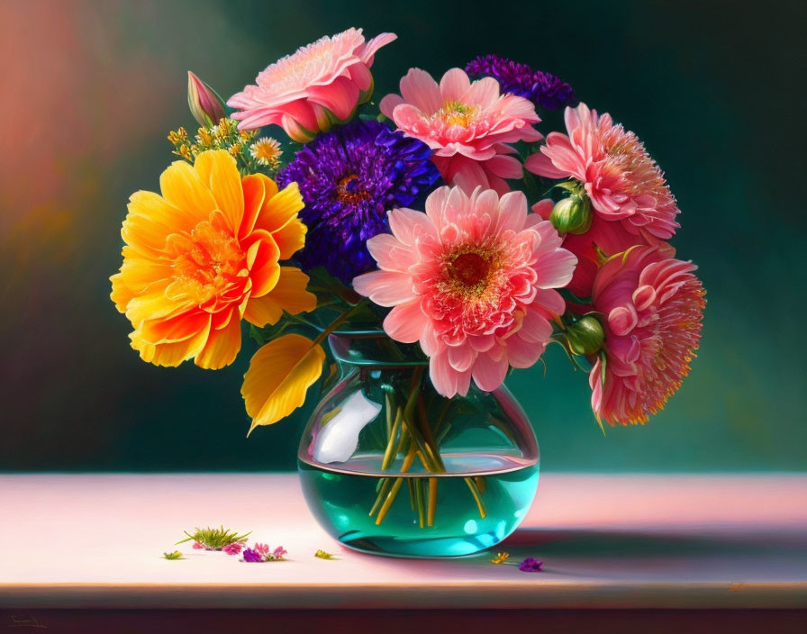 Assorted Flowers in Blue Vase on Table with Soft Lighting