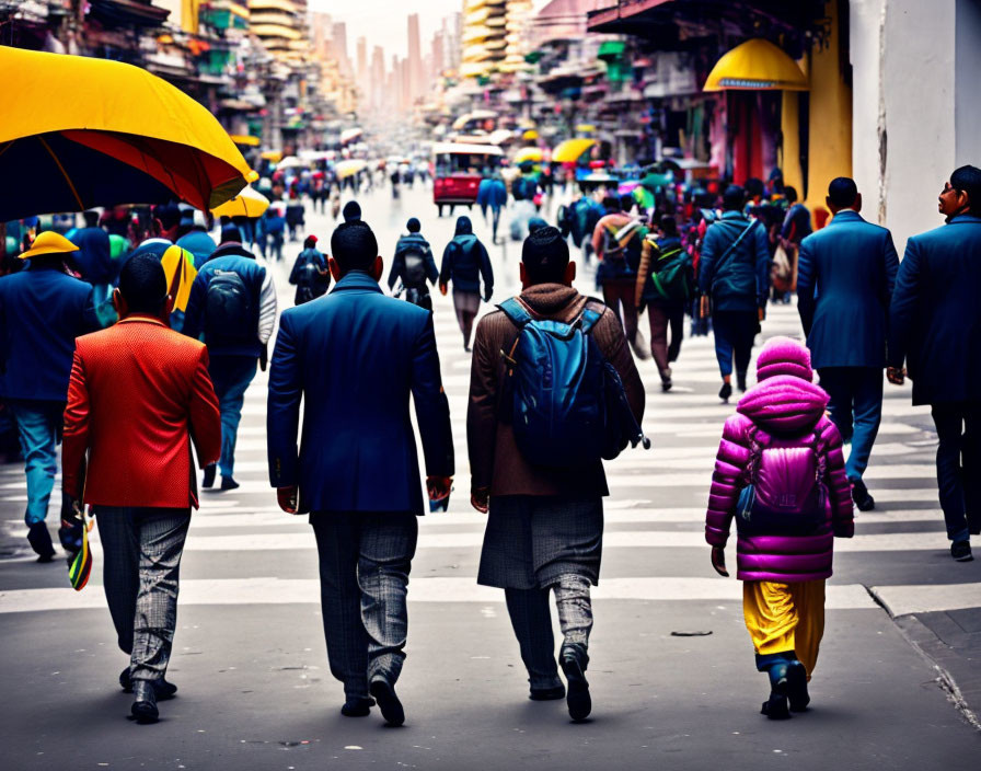 Diverse pedestrians with umbrellas in vibrant urban scene