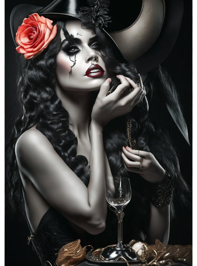 Monochrome photo of a stylized woman with bold makeup, rose in hair, holding wine glass