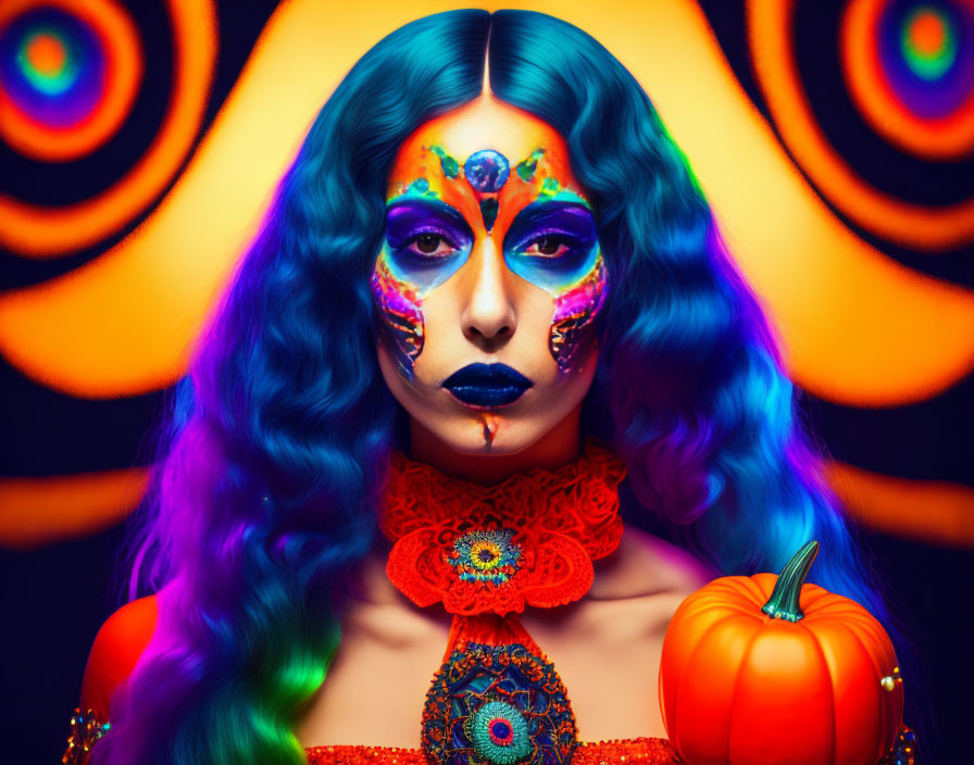 Vibrant purple hair woman with colorful face paint and mystical vibe.