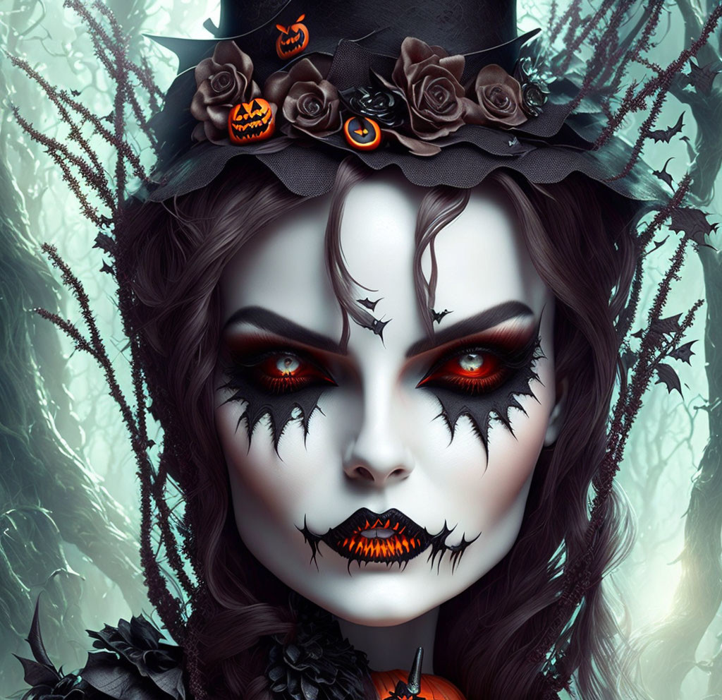 Gothic Halloween makeup with red eyes and skull designs in eerie forest.