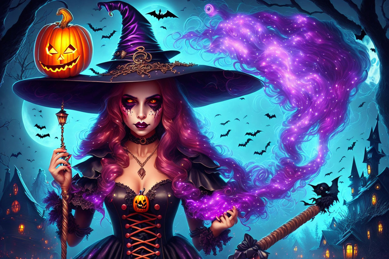 Purple Witch with Lantern, Broomstick, Bats, and Haunted House on Full Moon