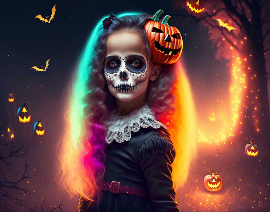 Colorful-haired girl in skull Halloween makeup with pumpkin, bats, and jack-o'-lanterns