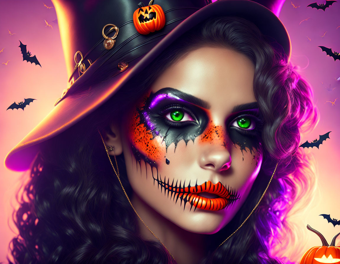 Woman with Halloween-themed makeup: witch hat, pumpkin, bats, colorful design