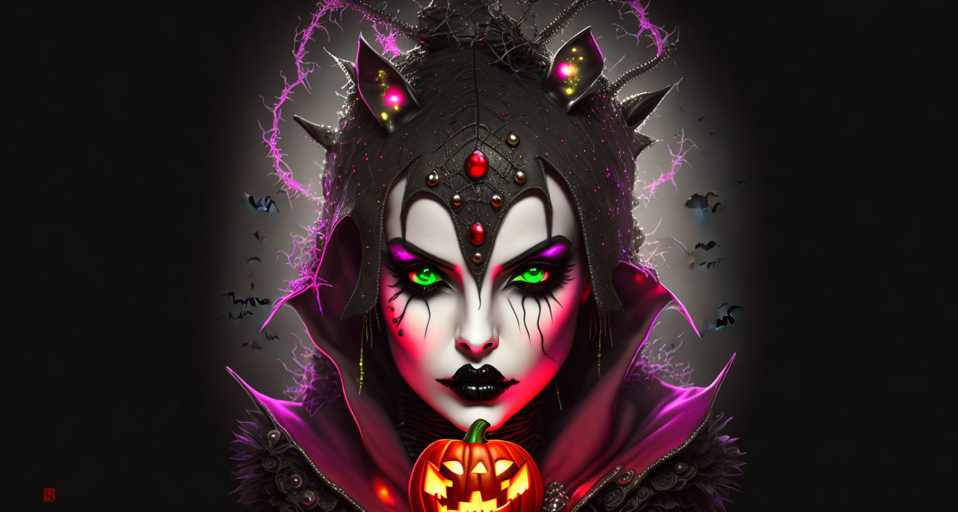 Digital Art: Woman with Dark Makeup, Purple Lightning Accents, Crown, Bats, and Gl