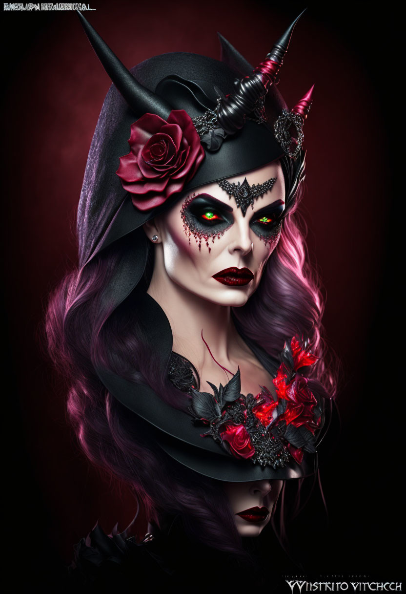 Dark Makeup and Horned Hat Portrait with Mystical Gaze