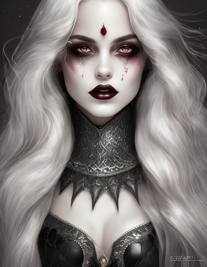 Pale woman with white hair and red eyes in gothic attire and ruby gem.