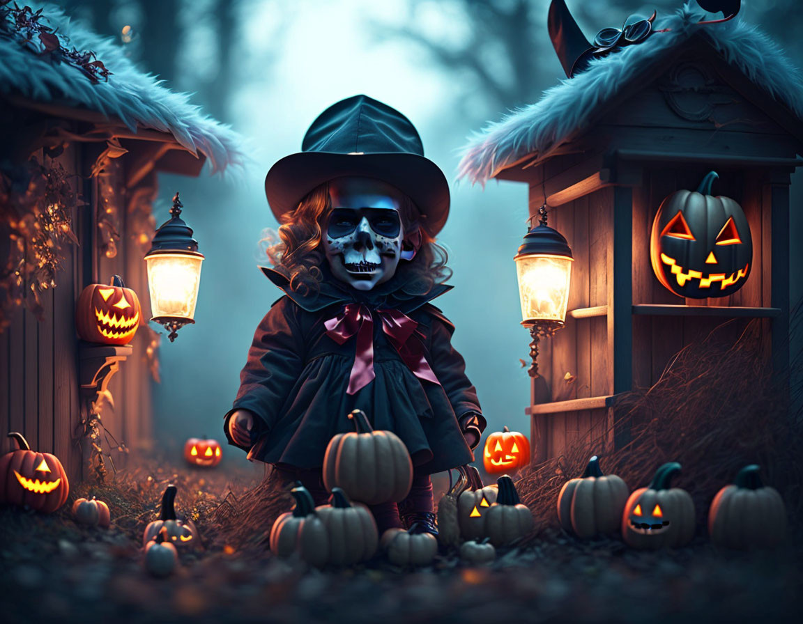 Skeleton in Witch Costume with Pumpkins and Lanterns in Spooky Halloween Scene