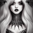 Pale woman with white hair and red eyes in gothic attire and ruby gem.