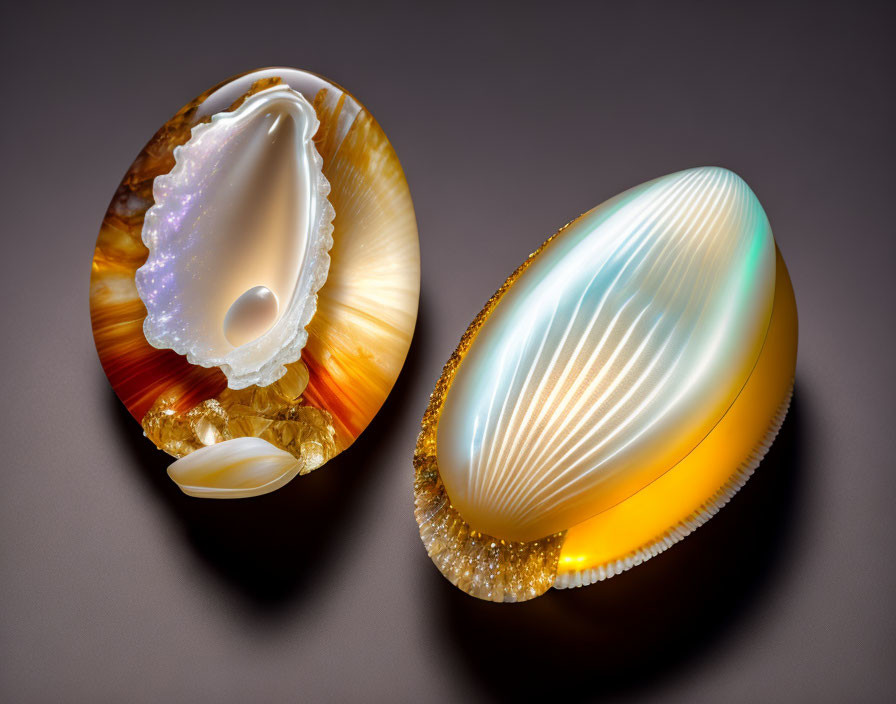 Iridescent Seashell Gemstones on Dark Background