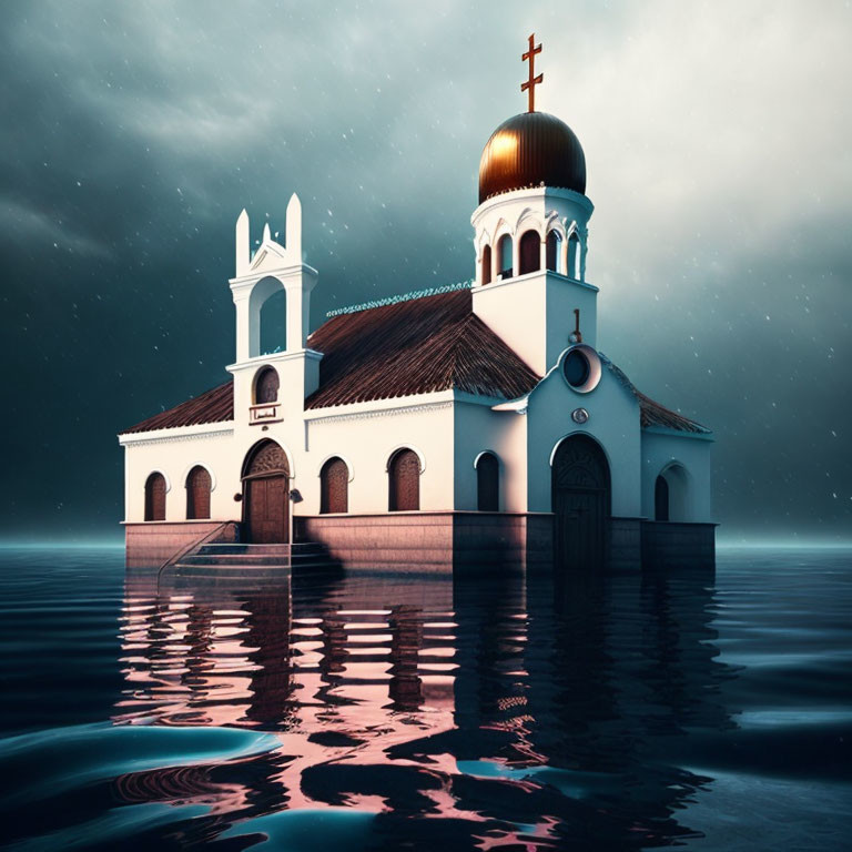 White Church with Golden Dome Partially Submerged in Water