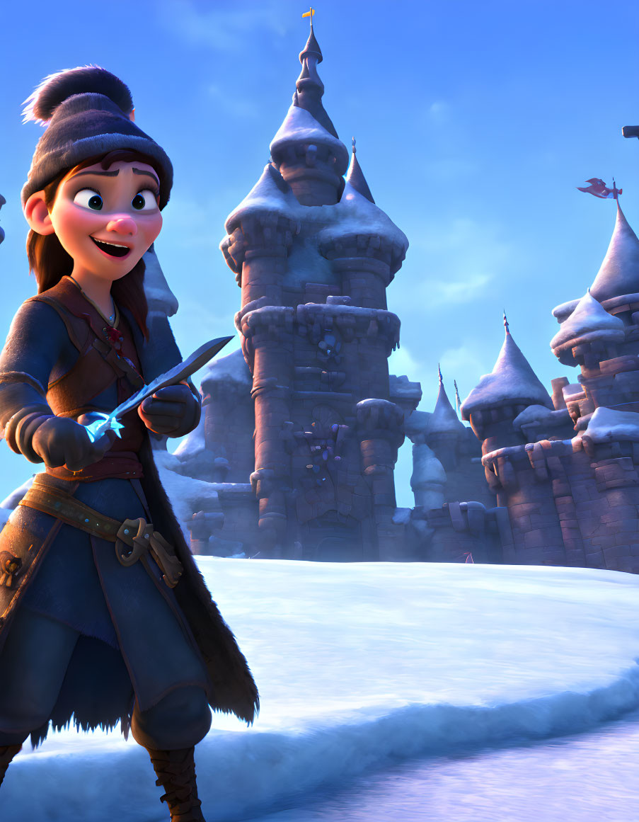 Animated female character in winter outfit with pixie haircut in snowy landscape