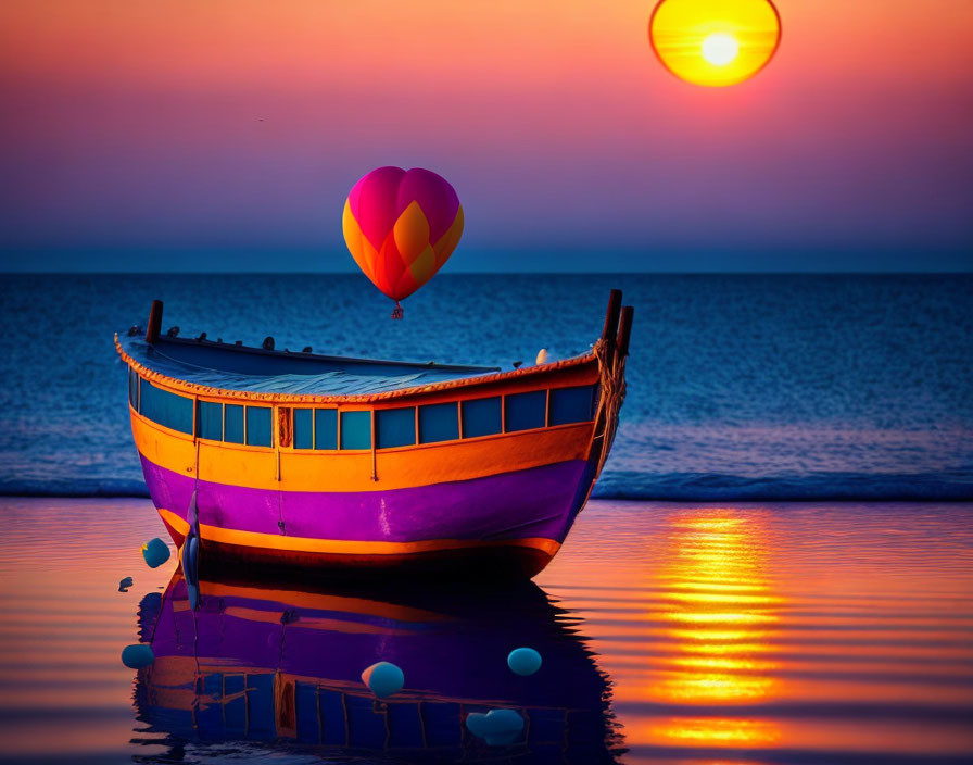 Purple and Orange Boat on Calm Water at Sunset with Hot Air Balloon