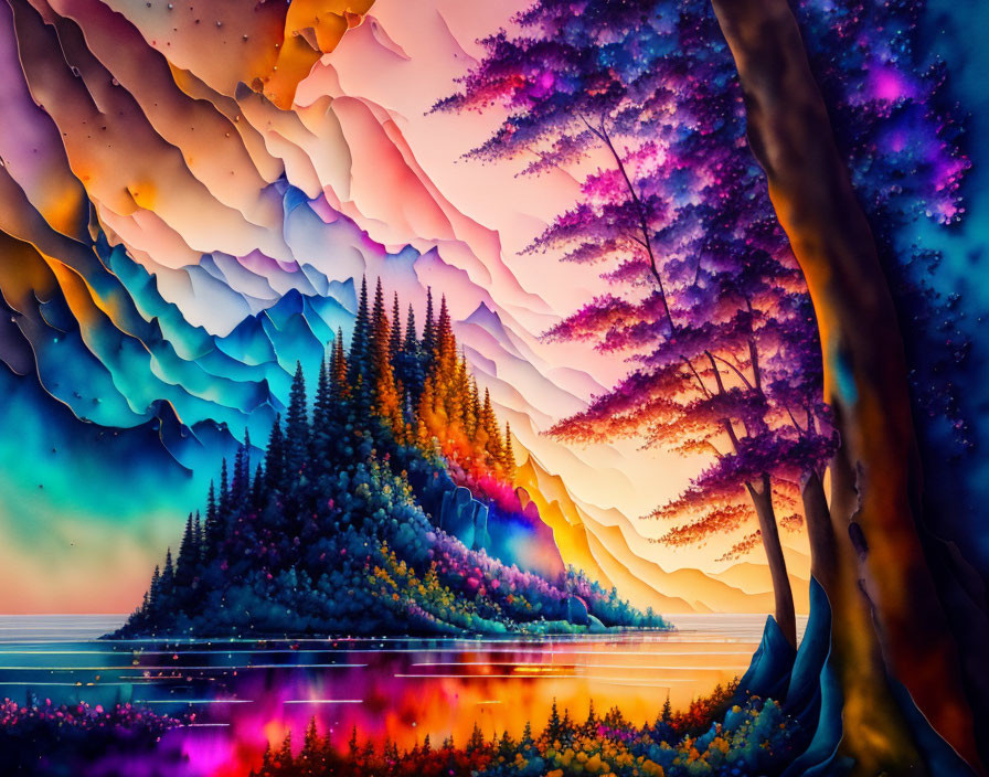 Colorful Landscape with Layered Mountains, Sunset, Purple Trees, and Reflective Lake