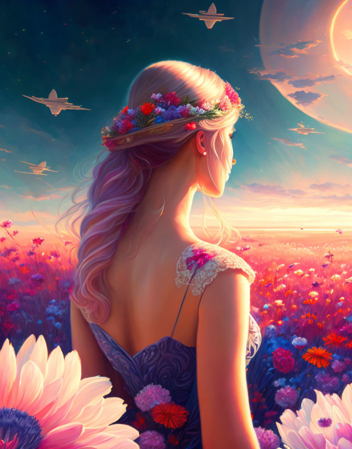 Woman in floral headpiece gazes at surreal sunset sky with planets, birds, and vibrant flowers