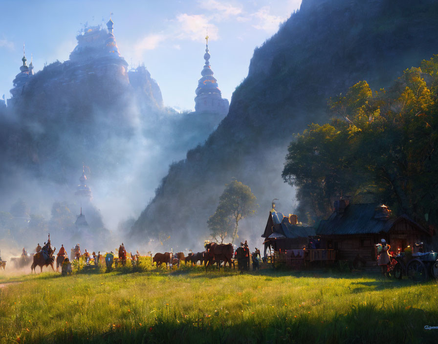 Fantasy landscape with rustic village, horseback riders, and grand castles in soft sunlight