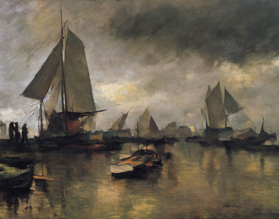 Impressionist painting of sailboats on calm water under overcast sky