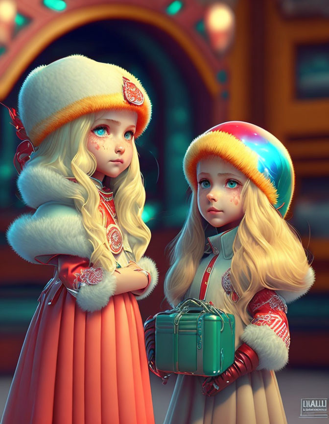 Colorful Winter Attire: Two Animated Girls in Contemplative Stance